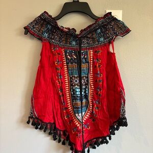 Vibrant Red Embroidered Off-Shoulder Blouse